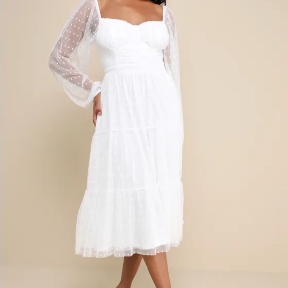 Lulus White Affectionate Aura White Swiss Dot Tiered Bustier Midi Dress Size M